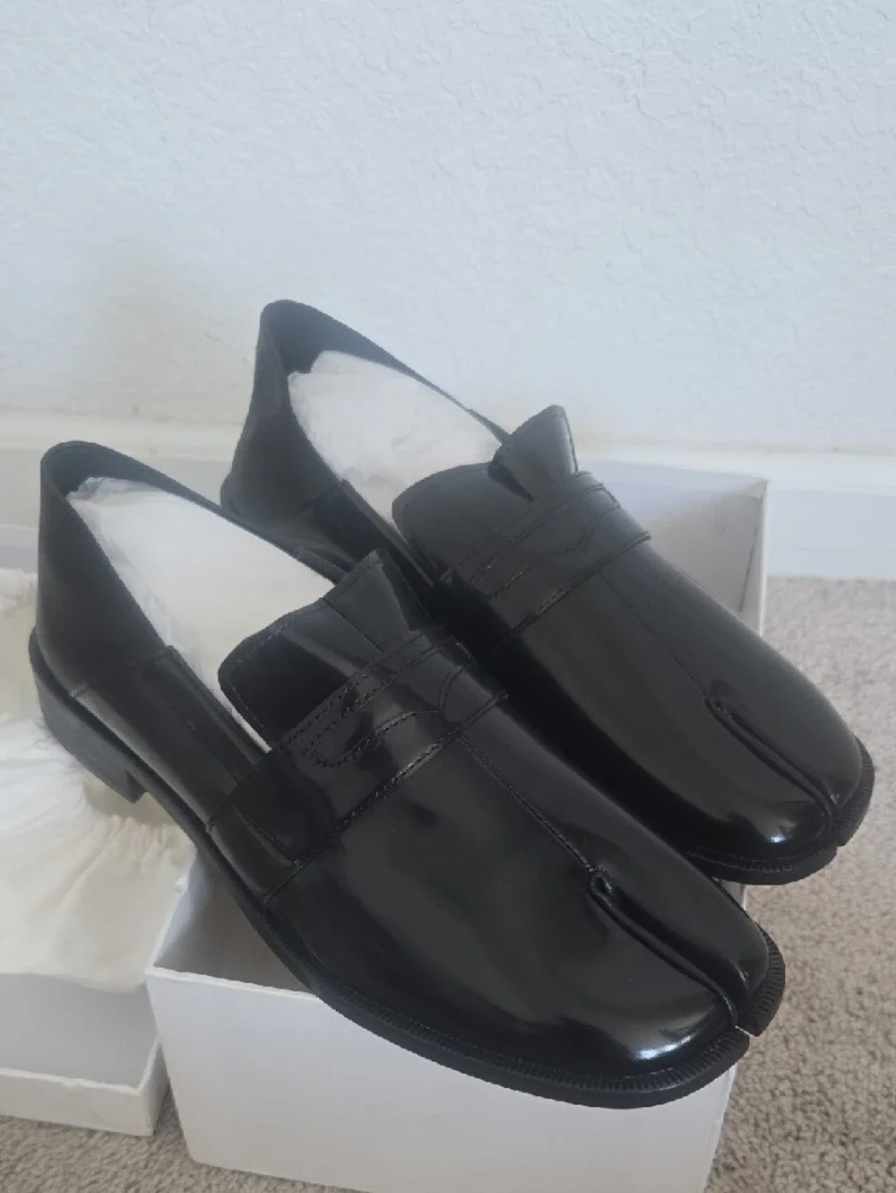 Black Fold-Heel Split-Toe Cowhide Leather Penny Tabi Loafers Size 43 Unisex